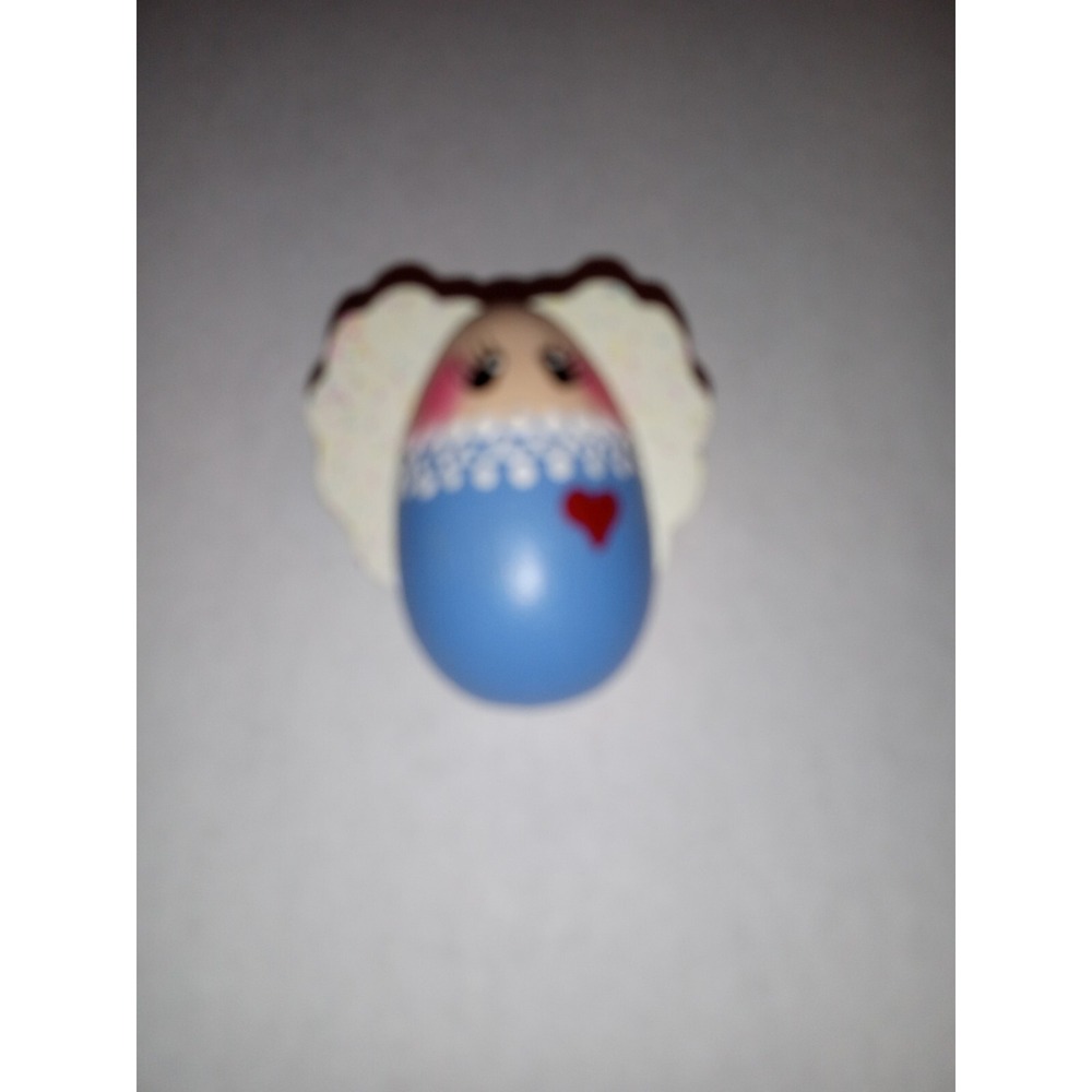 Vintage 1994 Sue Sweat Hand Painted Wooden Angel Pin Brooch Blue Heart Folk Art